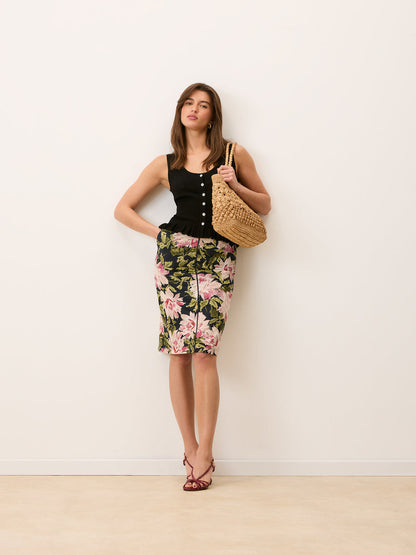 FABIA Vanity peony floral print poplin straight midi skirt, front view by Rouje