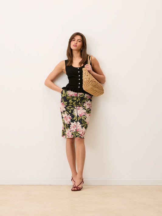 FABIA Vanity peony floral print poplin straight midi skirt, front view by Rouje