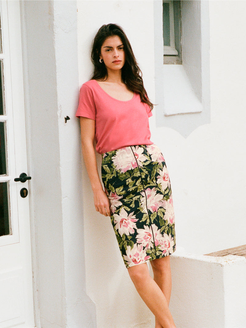 FABIA Vanity peony floral midi skirt, lifestyle setting by Rouje