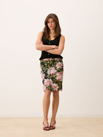 FABIA Vanity peony floral poplin midi skirt, side view by Rouje