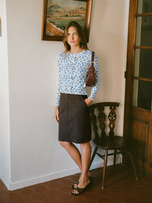 FABIE brown straight midi skirt, front view by Rouje
