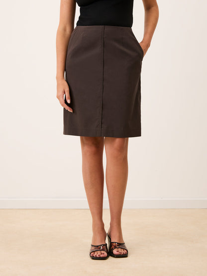 FABIE brown straight midi skirt, back view by Rouje