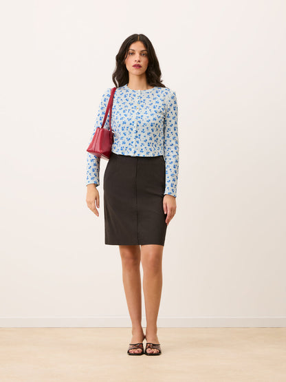 FABIE brown straight midi skirt, lifestyle setting by Rouje