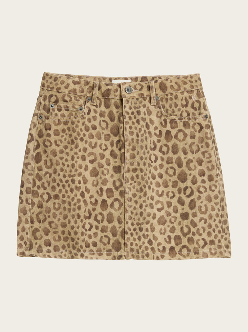 FRANCE Savannah leopard print denim short skirt, flat packshot by Rouje