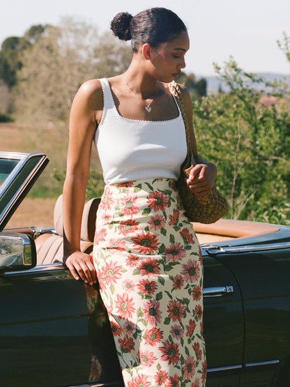 FRANCINE ecru floral long tube skirt worn on a model by Rouje