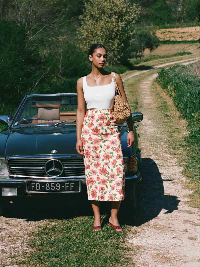 FRANCINE ecru Sunflower floral long skirt by Rouje, lifestyle setting