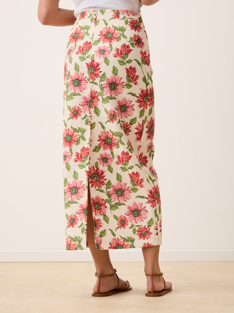 FRANCINE ecru Sunflower floral long tube skirt, side view by Rouje