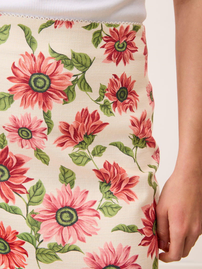 FRANCINE ecru Sunflower floral long tube skirt, detail of back slit by Rouje