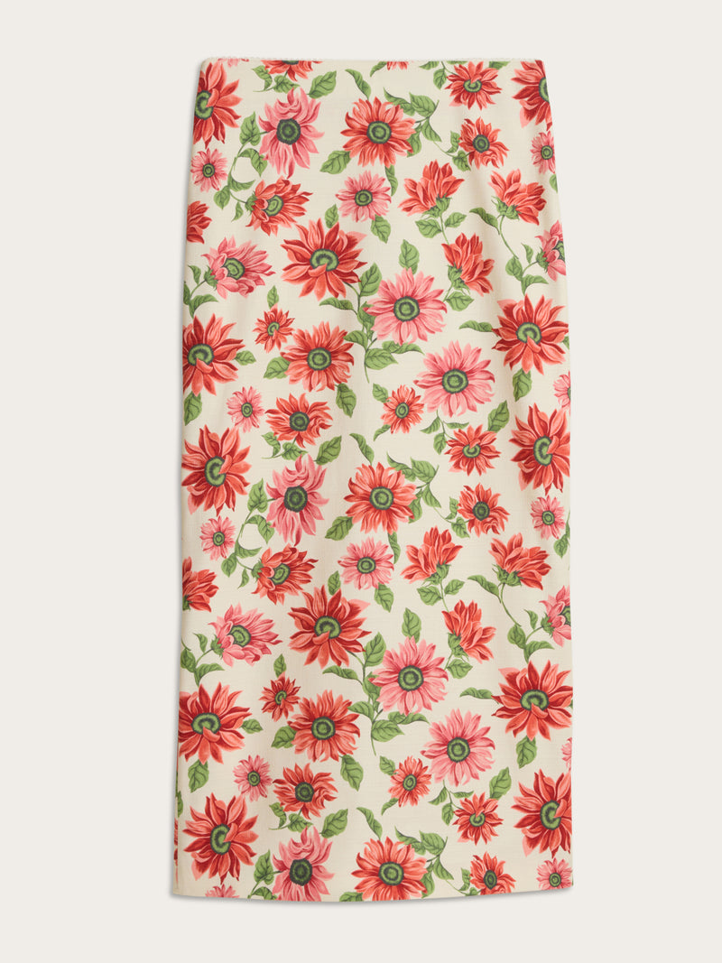 FRANCINE ecru Sunflower floral print long tube skirt, flat packshot by Rouje