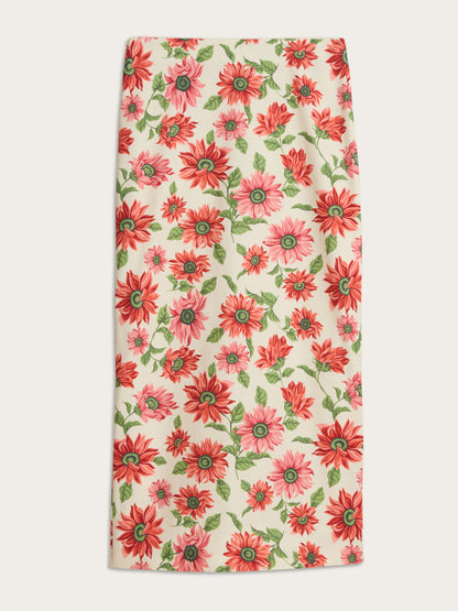 FRANCINE ecru Sunflower floral print long tube skirt, flat packshot by Rouje
