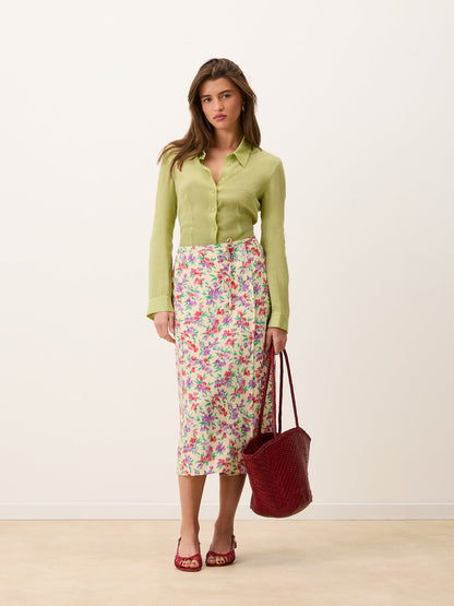 GLORIA Glycine ecru floral wrap midi skirt, front view by Rouje