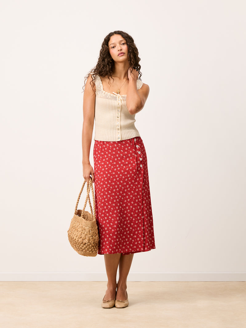 GLORIA red print wrap midi skirt worn on a model by Rouje