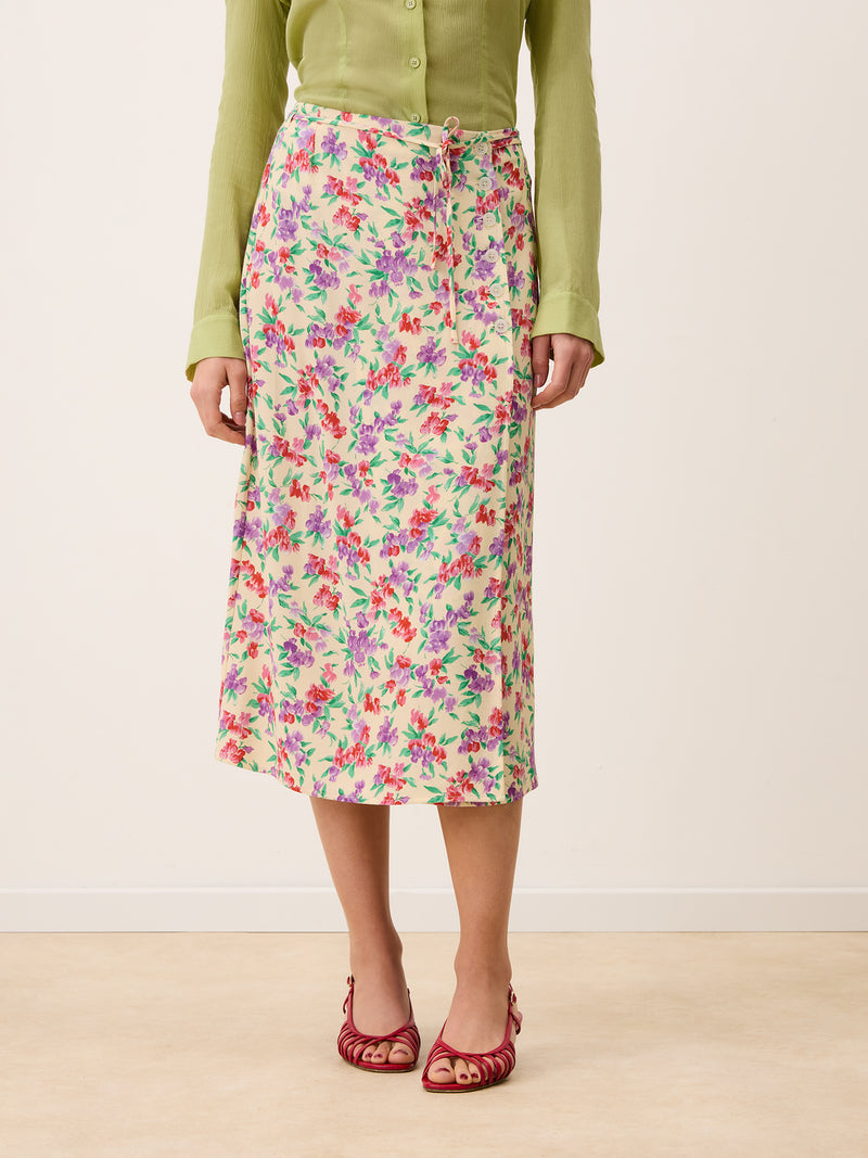 GLORIA ecru floral wrap midi skirt, back view by Rouje
