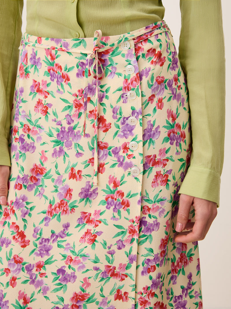 GLORIA Glycine ecru floral midi skirt, detail of buttons by Rouje