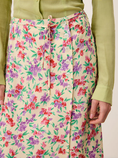 GLORIA Glycine ecru floral midi skirt, detail of buttons by Rouje