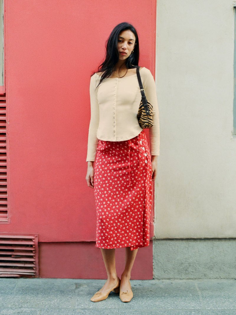 GLORIA Arlesienne red wrap midi skirt, detail of pearly buttons by Rouje