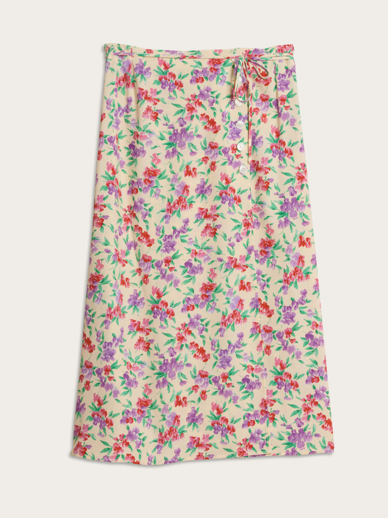GLORIA Glycine ecru floral wrap midi skirt, flat packshot by Rouje