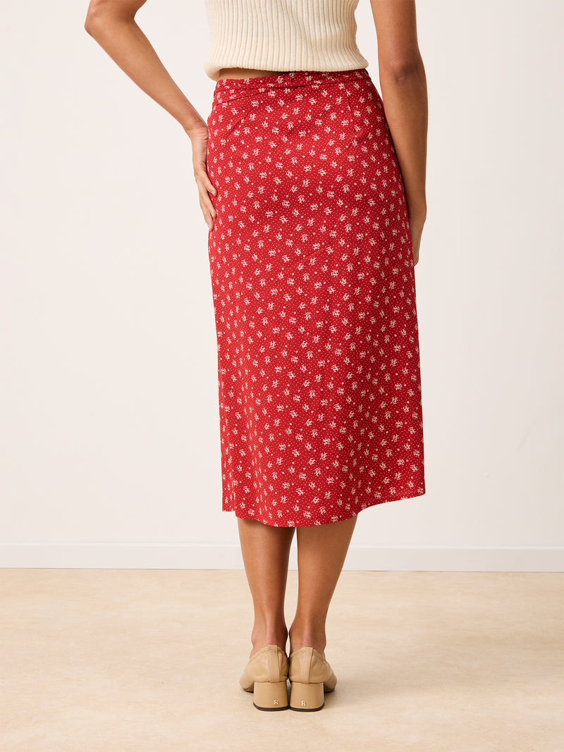 GLORIA Arlesienne red print midi wrap skirt, lifestyle setting by Rouje