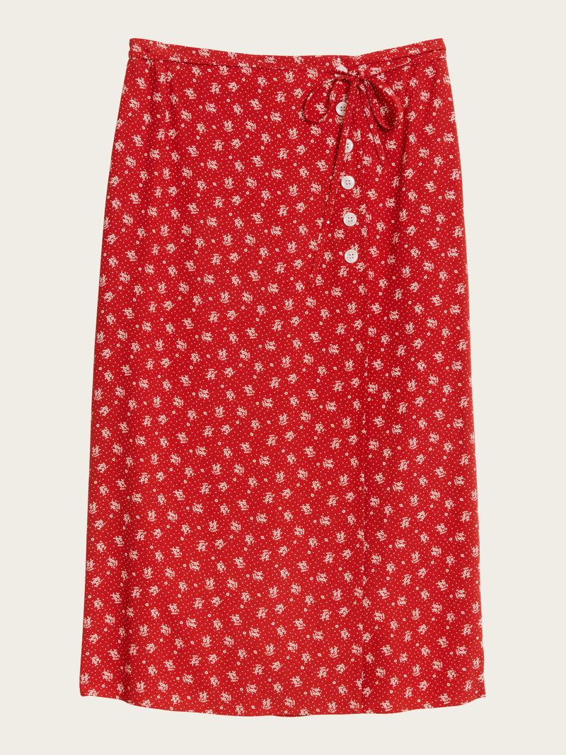 GLORIA Arlesienne red print midi wrap skirt, flat packshot by Rouje