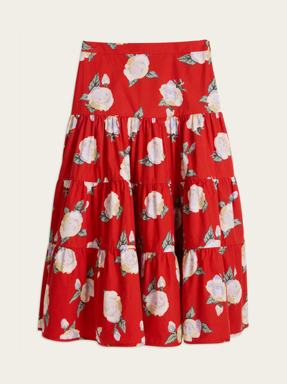 GRAZIA Rose Drama red floral print midi skirt, flat packshot by Rouje