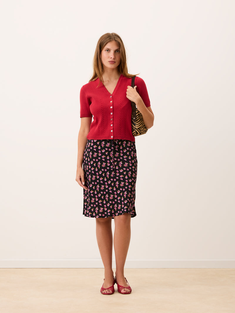 ILARIA black Parisian Beauty floral print flowing midi skirt, front view by Rouje