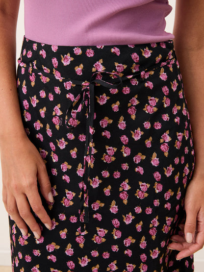 ILARIA black Parisian Beauty print midi skirt, detail of drawstring by Rouje