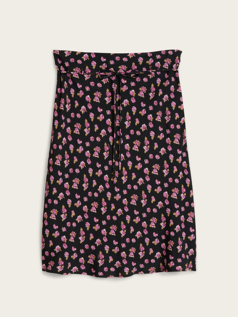 ILARIA black Parisian Beauty floral print flowing midi skirt, flat packshot by Rouje