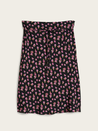 ILARIA black Parisian Beauty floral print flowing midi skirt, flat packshot by Rouje