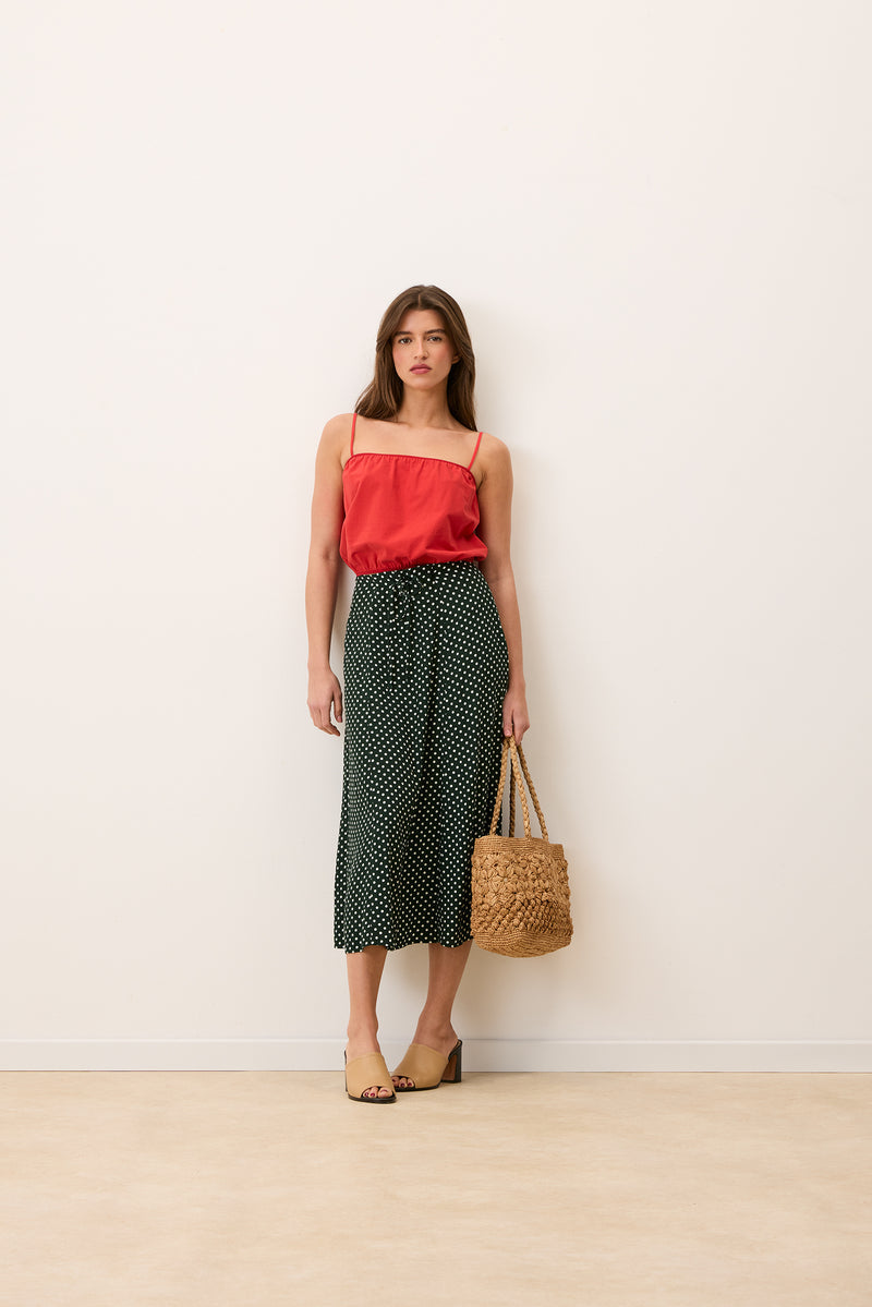 ILONA green polka-dot fluid jersey midi skirt, front view by Rouje