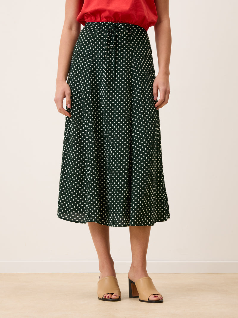 ILONA green polka-dot fluid midi skirt, back view by Rouje