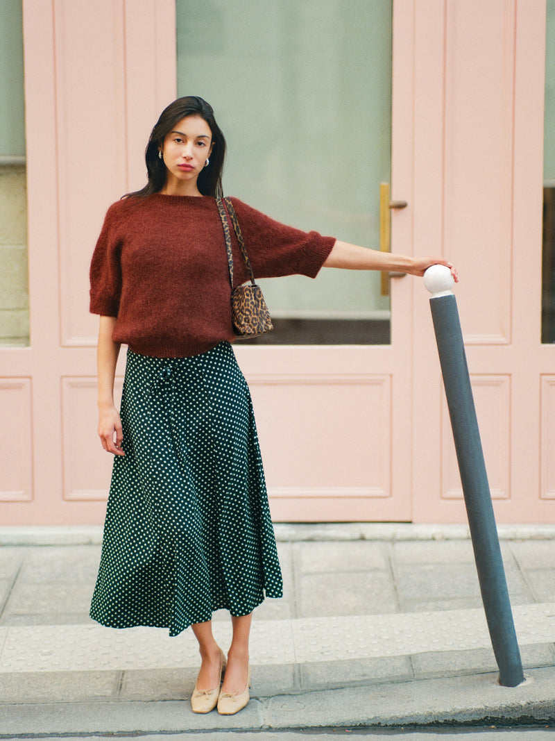ILONA green polka-dot fluid jersey midi skirt, side view by Rouje