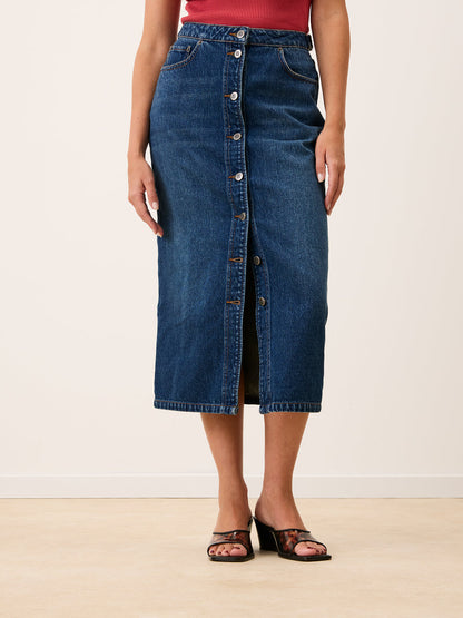 JORDIE indigo denim long skirt, back view by Rouje