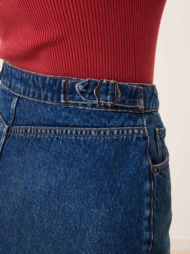 JORDIE indigo denim long skirt, detail of adjustable waist tabs by Rouje