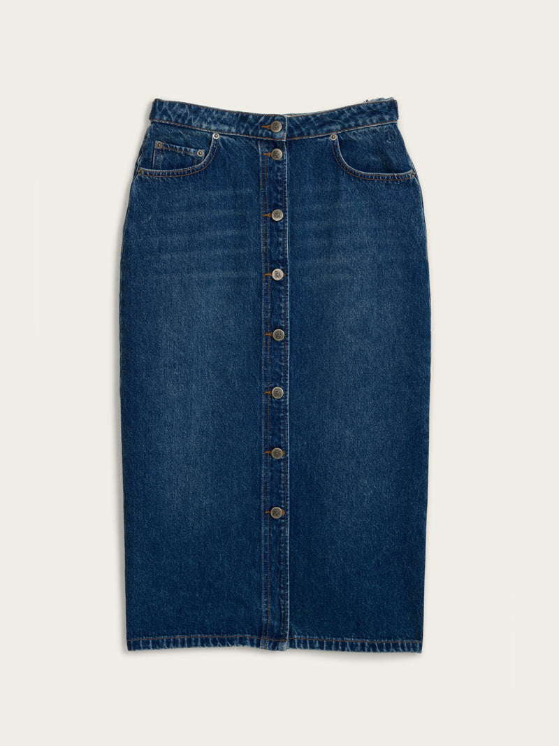 JORDIE indigo denim long skirt, lifestyle setting by Rouje