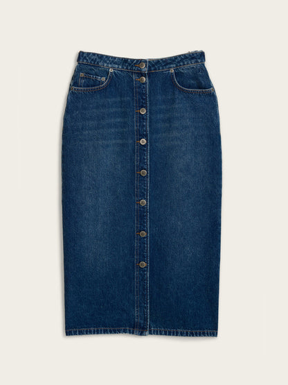 JORDIE indigo denim long skirt, lifestyle setting by Rouje
