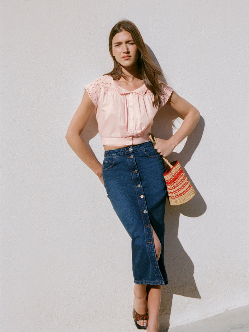JORDIE indigo denim long skirt, front view by Rouje