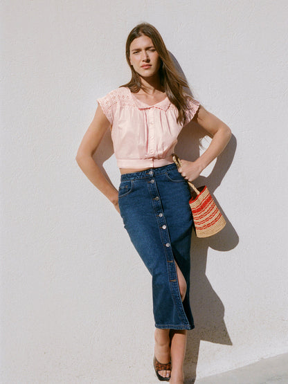 JORDIE indigo denim long skirt, front view by Rouje