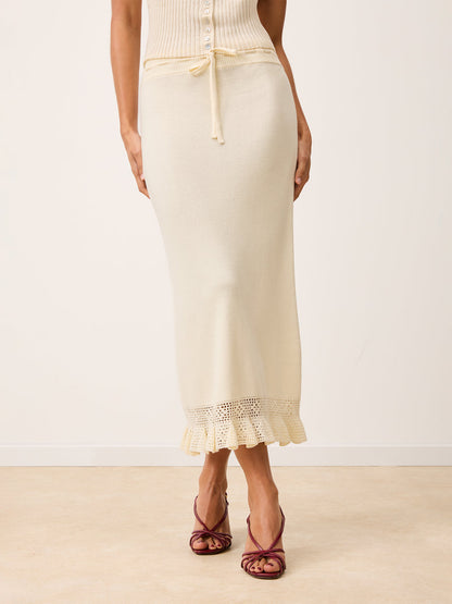 Front view of Lester ecru maxi knit and crochet skirt worn by a model
