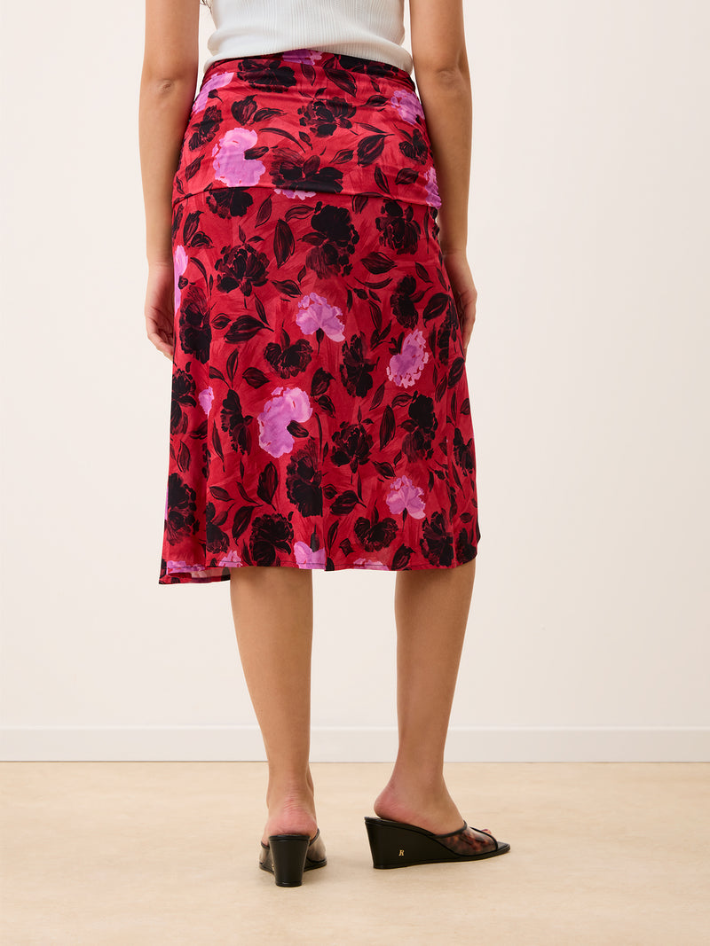 MAGGIE red Flamenco Carnation floral midi skirt, side view by Rouje