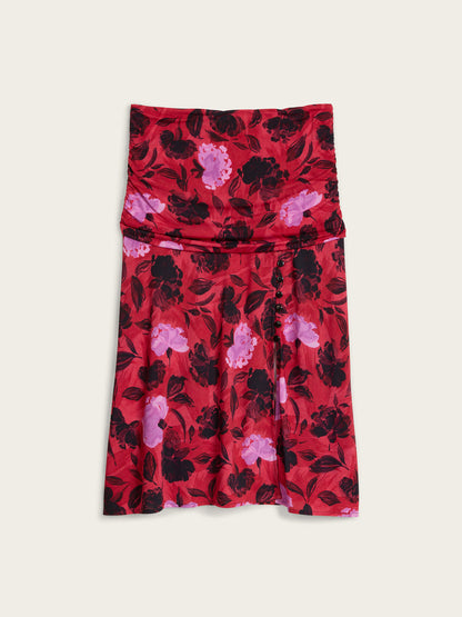 MAGGIE red Flamenco Carnation floral draped slit midi skirt, flat packshot by Rouje