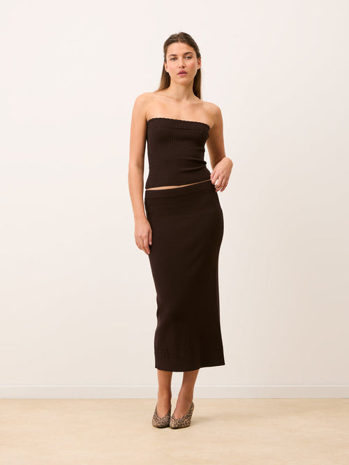 MEREK brown ribbed knit midi tube skirt, front view by Rouje