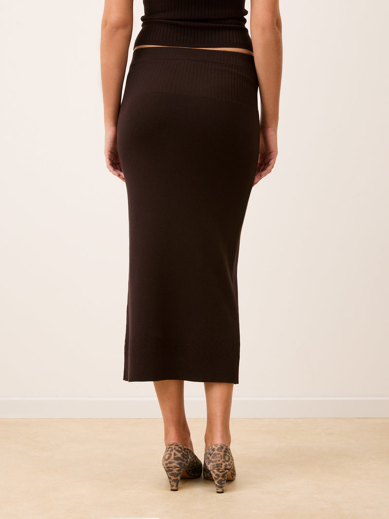 MEREK brown ribbed knit tube skirt, back view by Rouje