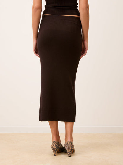 MEREK brown ribbed knit tube skirt, back view by Rouje