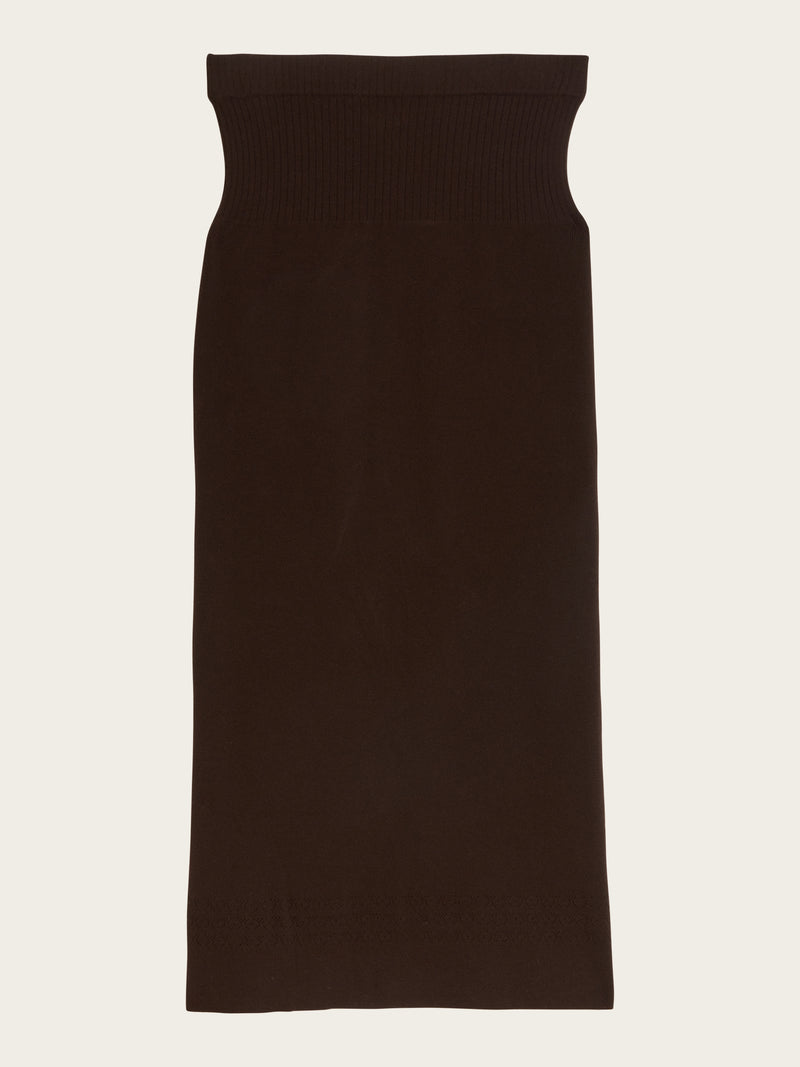 MEREK brown ribbed knit midi tube skirt, flat packshot by Rouje