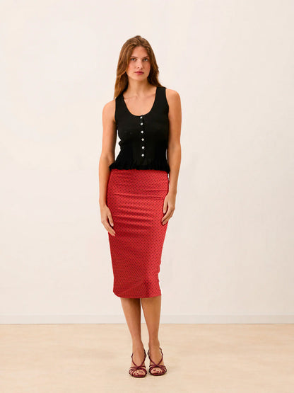 NINOU red plumetis midi tube skirt, front view by Rouje