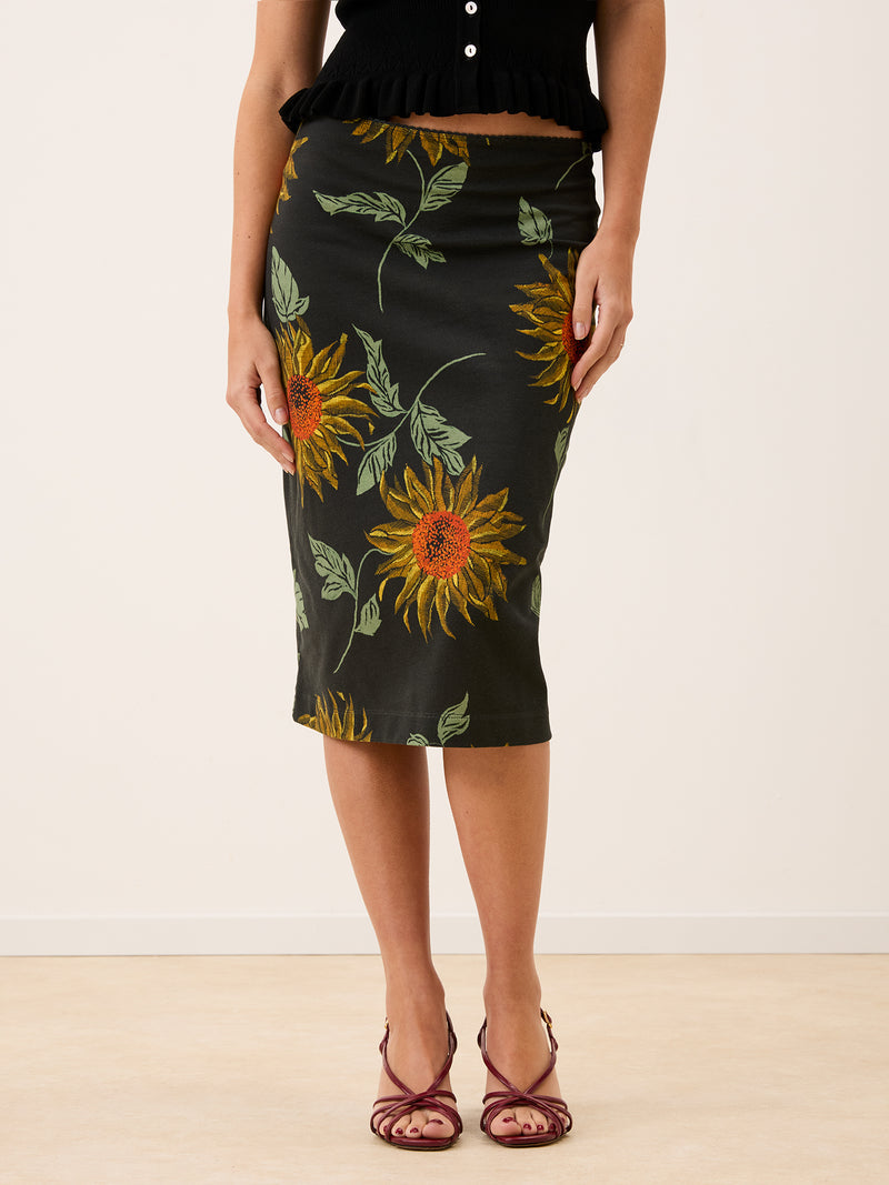 NINOU black Soleil de midi sunflower print cotton midi tube skirt, front view by Rouje