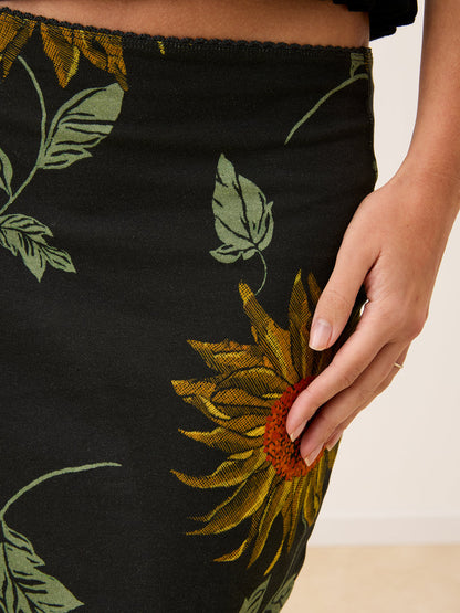 NINOU black Soleil de midi sunflower midi skirt, detail of elastic waist by Rouje