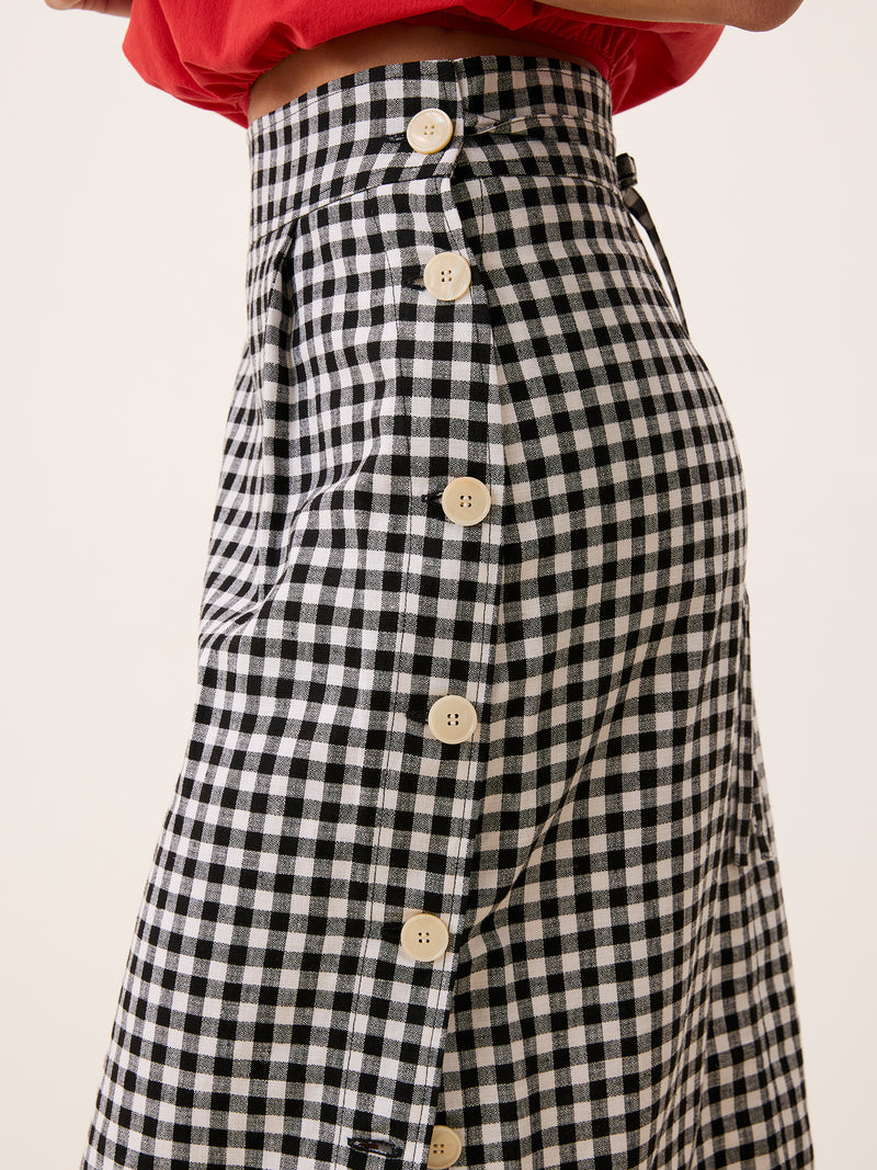 SHERYL black gingham straight buttoned midi skirt, front view by Rouje