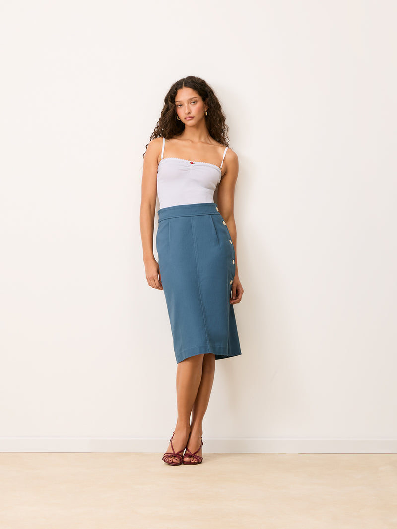 SHERYL denim blue straight buttoned midi skirt, front view by Rouje