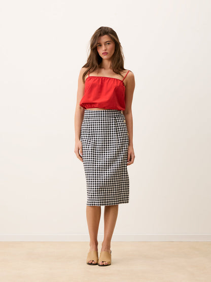 SHERYL black gingham midi skirt, back view with tie detail by Rouje